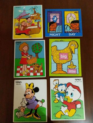 6 Vtg Playskool Wood Puzzles Playschool - Minnie,  Flintstones,  Sesame Street,