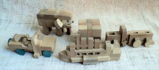 5 Vintage Wood Kumiki Puzzles Brainteasers Japan Elephant Train Boat Jeep Cube
