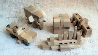 5 Vintage WOOD KUMIKI PUZZLES Brainteasers JAPAN Elephant Train Boat Jeep Cube 2