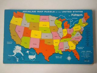Vintage Playskool Wood Inlaid Map Puzzle Of The United States 1960 - 70s