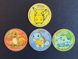 Vintage Pokemon Tazos - Starters - Pikachu,  Bulbasaur,  Squirtle,  Charmander