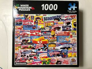 White Mountain Jigsaw Puzzle Snackmania 1000 Pc Vtg Lunch Box Snacks Hostess