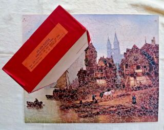 Vintage J.  K.  Straus 226 On The Banks Of The Scheld Wooden Jigsaw Puzzle Red Box