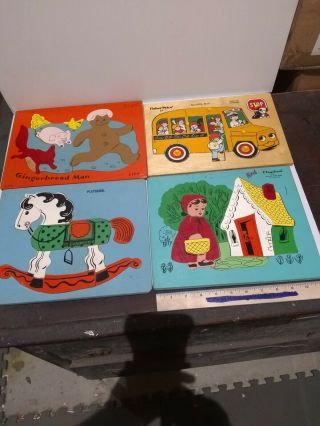 Vintage Playskool & Fisher Price Wooden Tray Puzzle Nutty Bus Red Riding Hood H