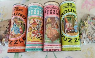 Vintage 4 Storyland Jigsaw Puzzles In Cans By Hg Toys 1950s Harett - Gilmar Plus 2