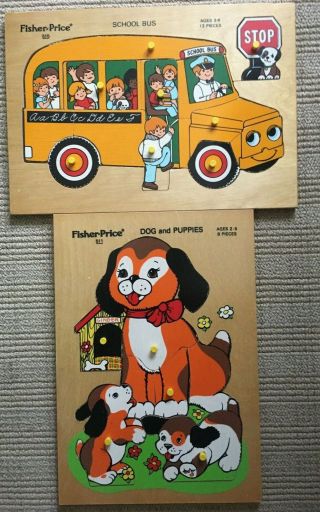 2 Vintage Fisher Price Wooden Puzzles,  School Bus 515 & Dog & Puppies 515