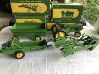 Vintage Ertl John Deere Farm Equipment Tractor,  Spreader,  Wagon,  Loader W/ Boxes