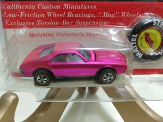 Vintage 1969 Mattel Hot Wheels Redline Custom AMX Hot Pink with cardboard. 2
