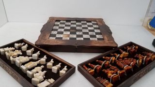 Chinese Resin Figural Chess Set Game In Wood Case