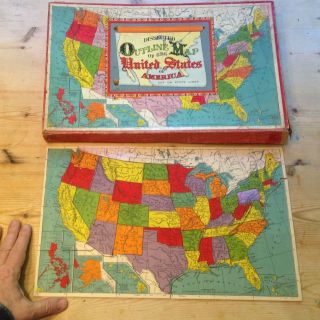 Classic Antique United States Color Picture Puzzle Map Milton Bradley Usa