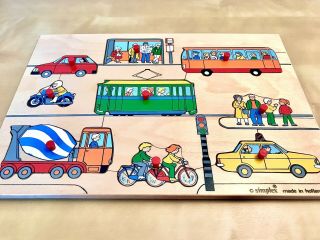 Vintage Wooden Toddler Peg Puzzle.  Cars Trucks Busses Transport.  Simplex Holland