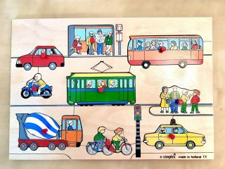 Vintage Wooden Toddler Peg Puzzle.  Cars Trucks Busses Transport.  Simplex Holland 2