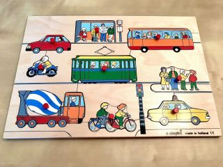 Vintage Wooden Toddler Peg Puzzle.  Cars Trucks Busses Transport.  Simplex Holland 3