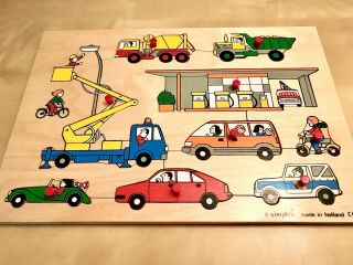 Vintage Wooden Toddler Peg Puzzle.  Transportation,  Truck,  Cars.  Simplex Holland.