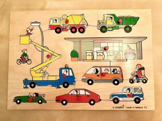 Vintage Wooden Toddler Peg Puzzle.  Transportation,  Truck,  Cars.  Simplex Holland. 2