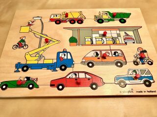 Vintage Wooden Toddler Peg Puzzle.  Transportation,  Truck,  Cars.  Simplex Holland. 3