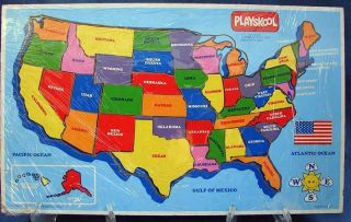 Vintage 1986 Playskool Wooden Tray Puzzle Map Of The Usa Minty