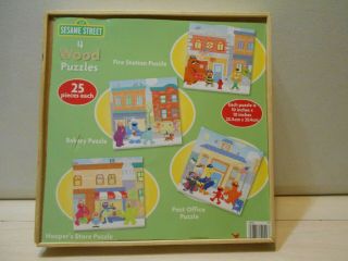 Set Of 4 Sesame Street Wooden Puzzles W/storage Box 25 Pc 