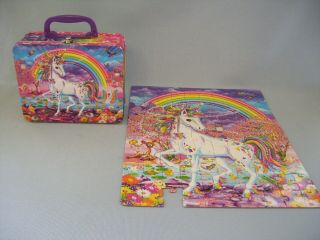 Lisa Frank Metal Lunch Box W/puzzle Embossed Unicorn Rainbows Lunchbox Tin