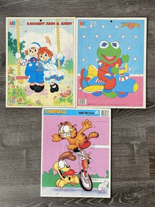 3 Board Tray Puzzle Vintage Cartoon 70’s 80’s Sesame Kermit Garfield Raggedy Ann