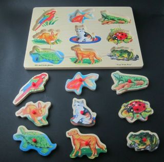 Set Of 2 Vintage Kids Wooden Pegged Puzzles Lift & Look Fun With Pets,  Animals