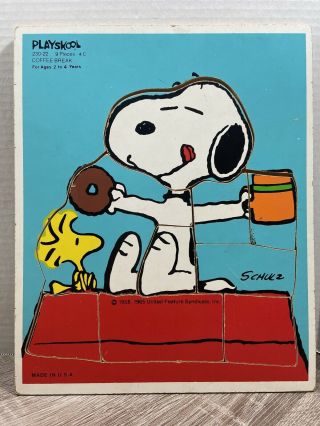 Vtg Playskool Wood Puzzle 230 - 22 Peanuts Snoopy Woodstock 9 Pc Board 1965 Rare