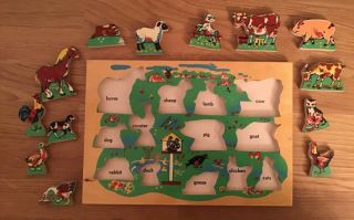 Vintage Simplex Wood Puzzle with Knobs Made in Holland Farm Animals with names 2