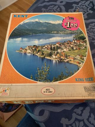 Vtg Mb Kent King Size Jigsaw Puzzle 1000 Village On An Alpine Lake Complete
