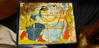 Vintage Wood Block 6 Fairy Tale Puzzle In Plastic Case