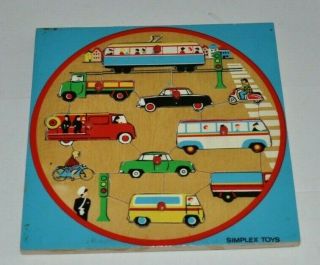 vintage WOODEN TRAY PUZZLE vehicles Wood Puzzle Simplex Toys 1960s 2