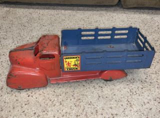 Rare Vintage Pressed Steel Stamped Metal Gardeners Stake Truck Marx Toy Red Blue