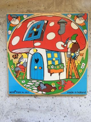 2 Vtg Wood Puzzles Fairy Tale Simplex Toys Belgium 7” Gnome House & Snow White 2