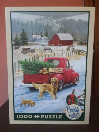 Cobble Hill Christmas On The Farm 1000 Piece Puzzle Golden Retriever Dog Tree