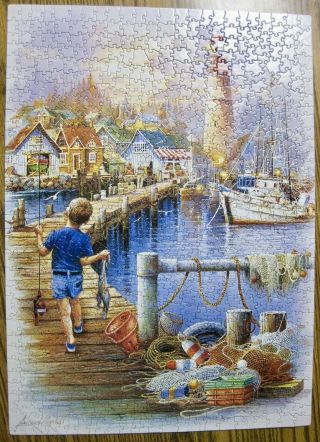 Masterpieces " The Big Catch " 1000 Pc Puzzle Andres Orpinas Art Lighthouse Fish