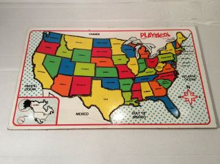 Vintage 1973 Playskool Wood Usa Puzzle Map With Capitals No.  770