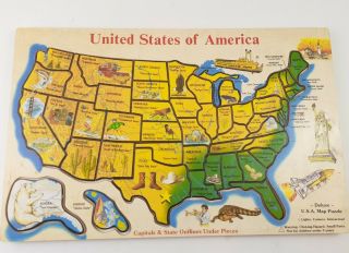 Vintage Usa Map States Capitals Wooden Jigsaw Puzzle Deluxe Kids Educational
