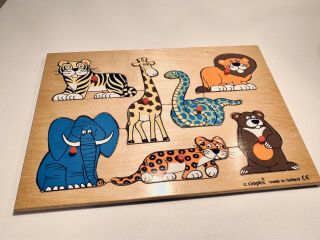 Vintage Simplex Wooden Wood Kids Zoo Animals Peg Puzzle 7 - Pc Made In Holland