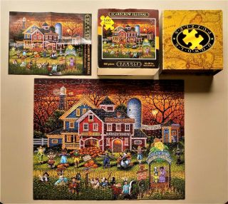 500 Piece Dowdle Folk Art Puzzle Scarecrow Festival With Poster 2011 Complete