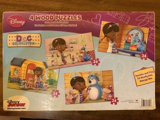 Disney Junior (doc Mcstuffins) 4 Wood 24 Pc.  Puzzles In Storage Box