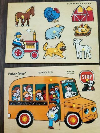 2 Vintage Wooden Puzzles - Fisher Price 515 School Bus,  & Farm/animals.  Age 2,