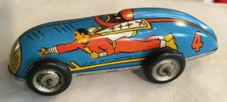 1947 Captain Marvel Blue 4 Race Car,  Fawcett Comics Tin Litho Toy