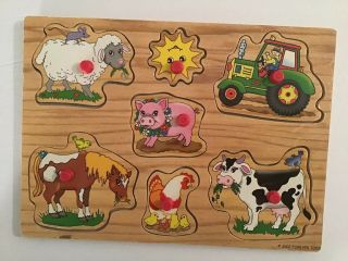 2002 Forever Toys 7 Piece All Wooded Farm Animals Puzzle With Pegs
