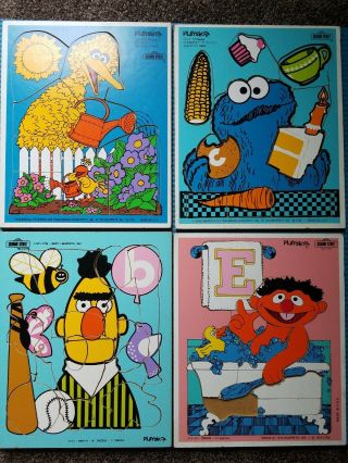 4 Vintage Wood Playskool Puzzles Sesame Street Bert Ernie Big Bird Cookie Board