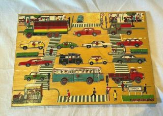 Vintage Simplex Wood Pre - School Puzzle Cars Trucks Buses Made In Holland