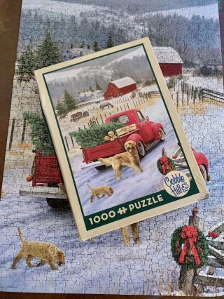 Cobble Hill " Christmas On The Farm " 1000 Piece Jigsaw Puzzle Complete Dogs Truck
