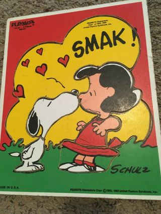Vintage Playskool Wooden Puzzle Peanuts Smak Snoopy Lucy Vtg Shulz Kiss 8pc 1958