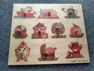 Vintage Simplex Wooden Puzzle With Pegs Made In Holland Cat Ball Bear Boat Clock
