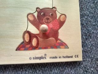 Vintage SIMPLEX Wooden Puzzle with Pegs Made in Holland Cat Ball Bear Boat Clock 2