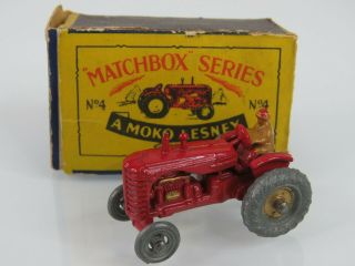 Moko Lesney Matchbox Vntg 1954 4 Massey Harris Tractor Metal Wheels W/orig.  Box