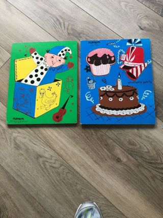 Vintage Wooden Puzzles (2) Playskool Jack In The Box And Birthday Party